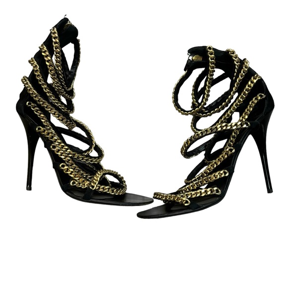 Guiseppe Zanotti Black Suede Gold Chain Gladiator Sandals Size 40 Open Toe Heels - Picture 2 of 13